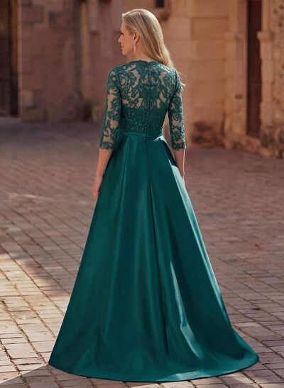 3/4 Sleeves A-Line V-Neck Sweep Train Satin Mother Of The Bride Dresses With Bow(s)/Appliques Lace