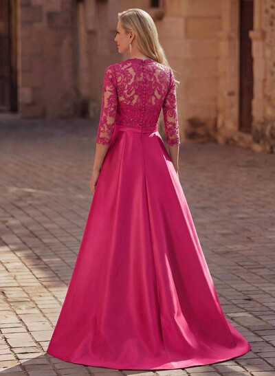 3/4 Sleeve A-Line V-Neck Sweep Train Satin Mother Of The Bride Dress With Bows And Lace Appliqués