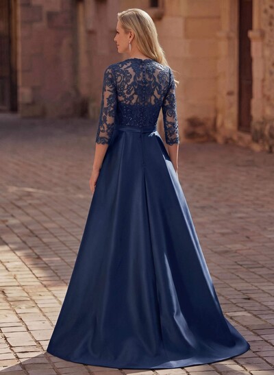 3/4 Sleeves A-Line V-Neck Sweep Train Satin Mother Of The Bride Dresses With Bow(s)/Appliques Lace