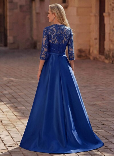 3/4 Sleeves A-Line V-Neck Sweep Train Satin Mother Of The Bride Dresses With Bow(s)/Appliques Lace