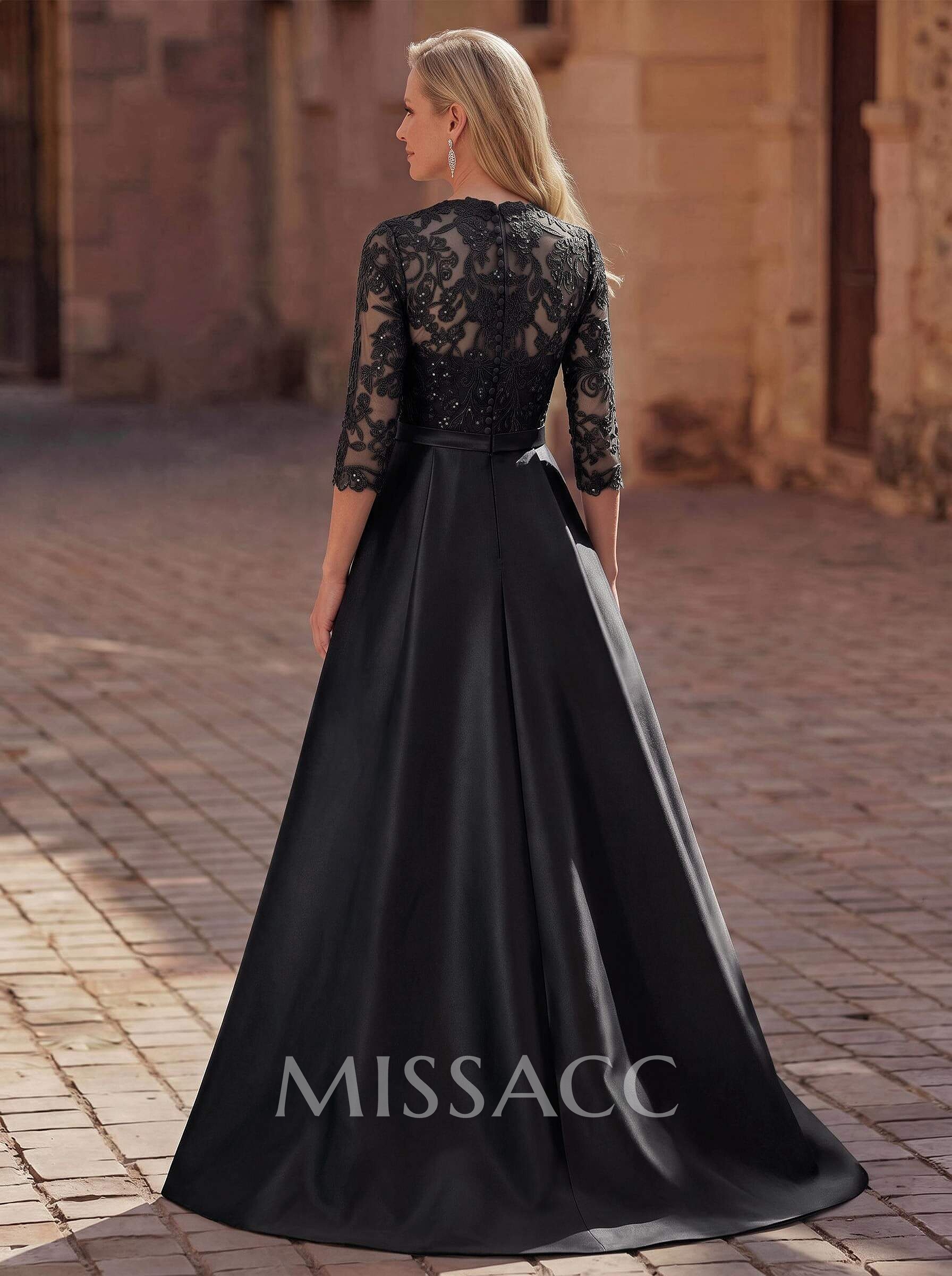 3/4 Sleeves A-Line V-Neck Sweep Train Satin Mother Of The Bride Dresses With Bow(s)/Appliques Lace 3/4 Sleeves A-Line V-Neck Sweep Train Satin Mother Of The Bride Dresses With Bow(s)/Appliques Lace