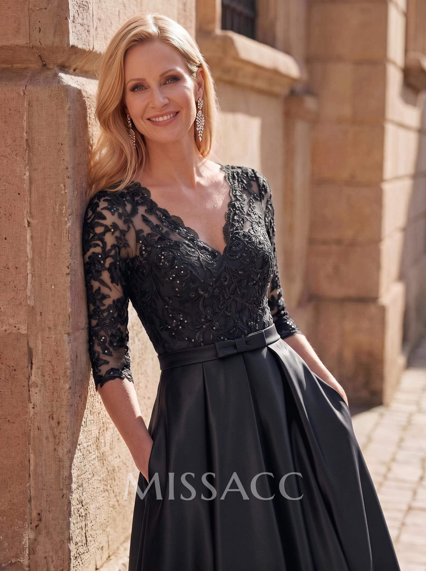 3/4 Sleeves A-Line V-Neck Sweep Train Satin Mother Of The Bride Dresses With Bow(s)/Appliques Lace 3/4 Sleeves A-Line V-Neck Sweep Train Satin Mother Of The Bride Dresses With Bow(s)/Appliques Lace
