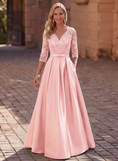 3/4 Sleeves A-Line V-Neck Sweep Train Satin Mother Of The Bride Dresses With Bow(s)/Appliques Lace