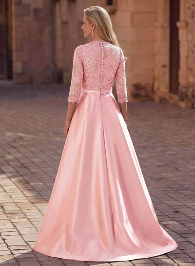 3/4 Sleeves A-Line V-Neck Sweep Train Satin Mother Of The Bride Dresses With Bow(s)/Appliques Lace