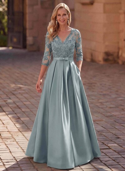 3/4 Sleeves A-Line V-Neck Sweep Train Satin Mother Of The Bride Dresses With Bow(s)/Appliques Lace