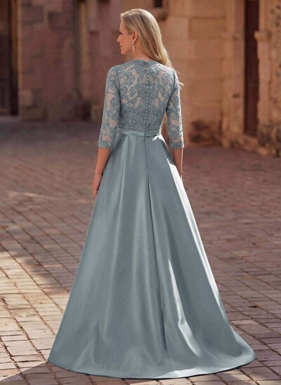 3/4 Sleeves A-Line V-Neck Sweep Train Satin Mother Of The Bride Dresses With Bow(s)/Appliques Lace