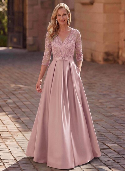 3/4 Sleeves A-Line V-Neck Sweep Train Satin Mother Of The Bride Dresses With Bow(s)/Appliques Lace
