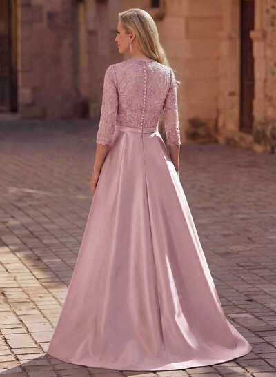 3/4 Sleeves A-Line V-Neck Sweep Train Satin Mother Of The Bride Dresses With Bow(s)/Appliques Lace