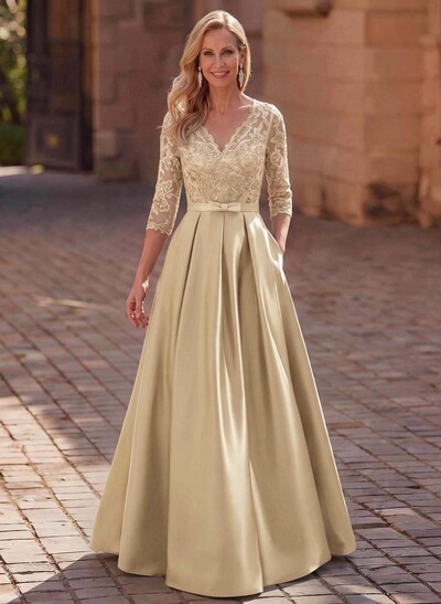 3/4 Sleeves A-Line V-Neck Sweep Train Satin Mother Of The Bride Dresses With Bow(s)/Appliques Lace