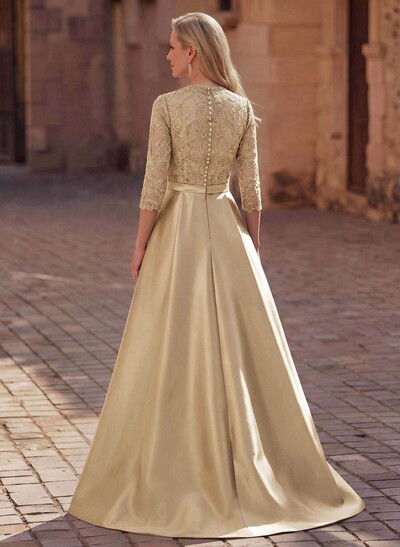 3/4 Sleeves A-Line V-Neck Sweep Train Satin Mother Of The Bride Dresses With Bow(s)/Appliques Lace