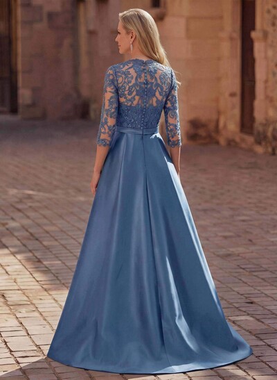 3/4 Sleeve A-Line V-Neck Sweep Train Satin Mother Of The Bride Dress With Bows And Lace Appliques