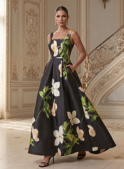 A-Line Square Neckline Floor-Length Twill Satin Mother Of The Bride Dresses With Floral-Print