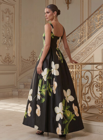 A-Line Square Neckline Floor-Length Twill Satin Mother Of The Bride Dresses With Floral-Print
