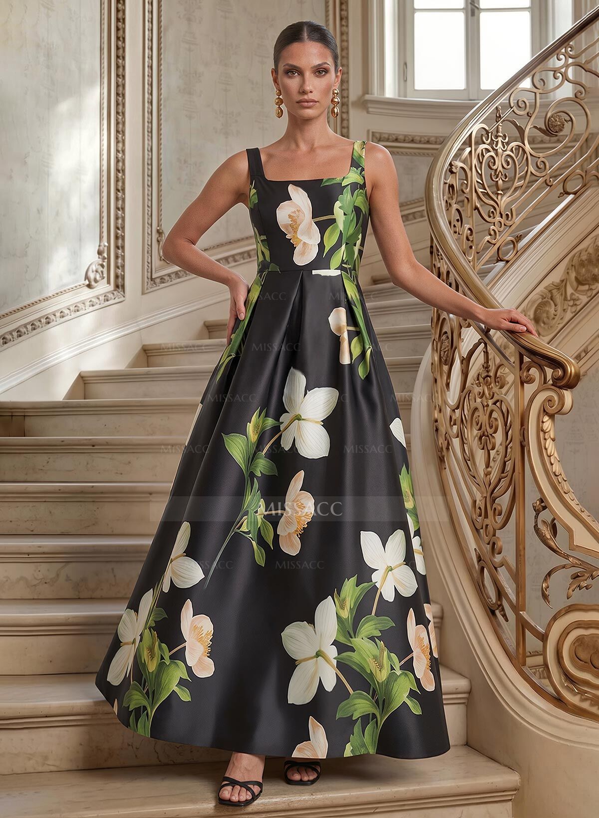 A-Line Square Neckline Floor-Length Twill Satin Mother Of The Bride Dresses With Floral-Print