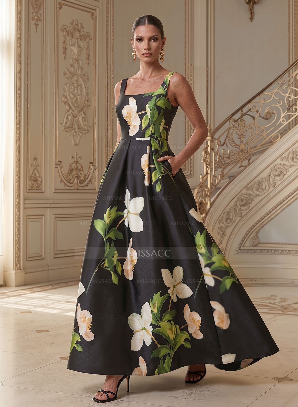 A-Line Square Neckline Floor-Length Twill Satin Mother Of The Bride Dresses With Floral-Print