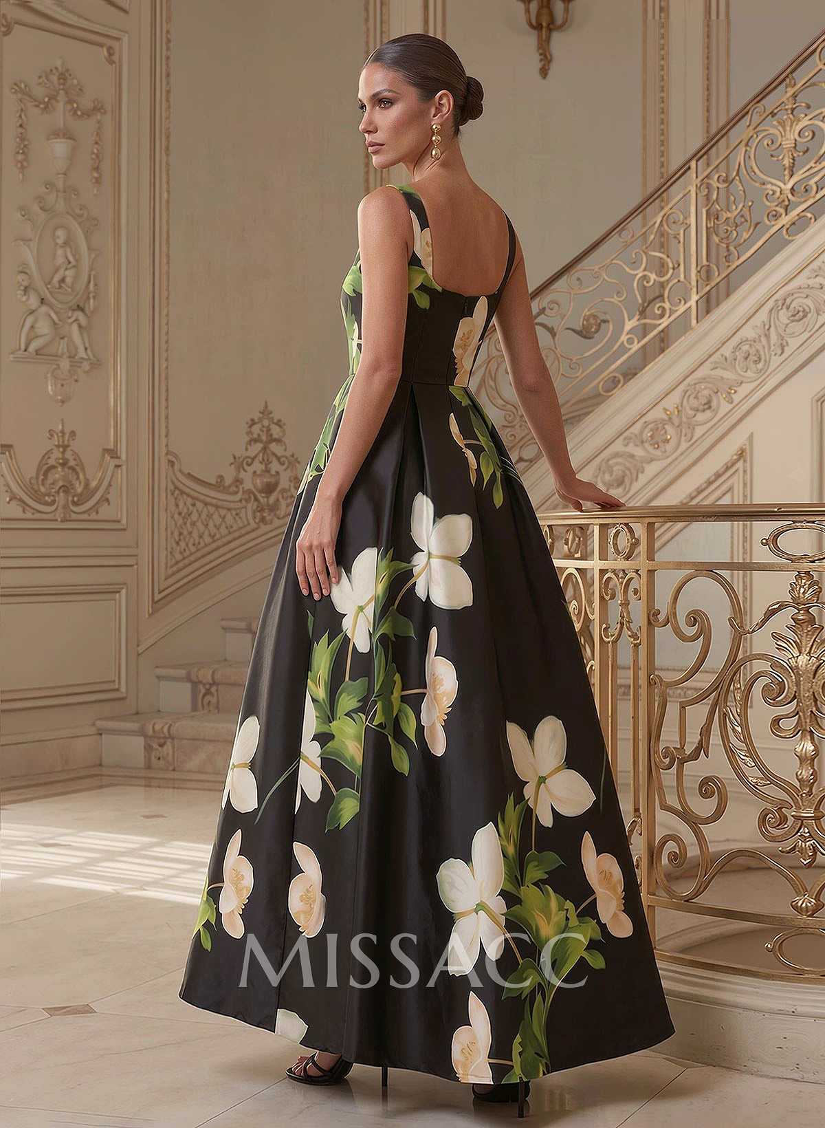 A-Line Square Neckline Floor-Length Twill Satin Mother Of The Bride Dresses With Floral-Print A-Line Square Neckline Floor-Length Twill Satin Mother Of The Bride Dresses With Floral-Print