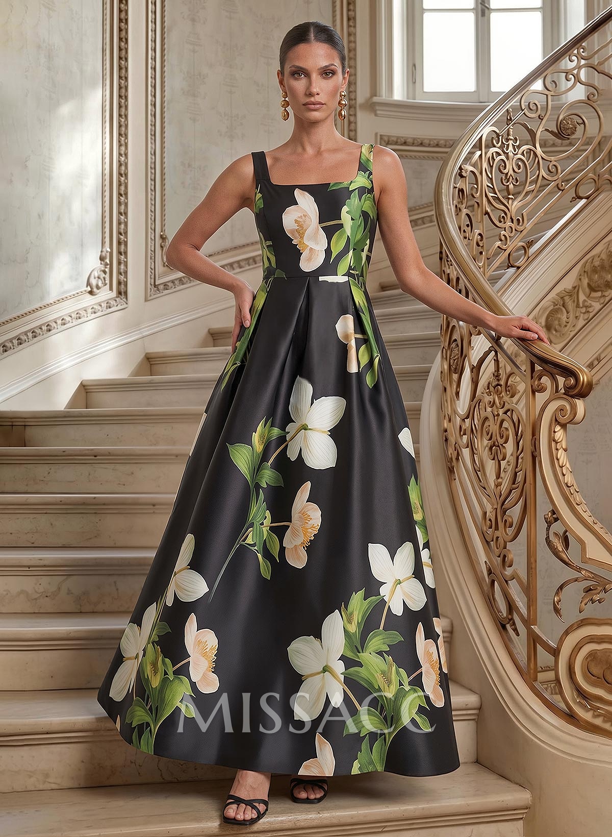 A-Line Square Neckline Floor-Length Twill Satin Mother Of The Bride Dresses With Floral-Print A-Line Square Neckline Floor-Length Twill Satin Mother Of The Bride Dresses With Floral-Print
