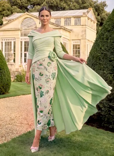 A-Line V-Neck 3/4 Sleeves Tea-Length Lace/Elastic Satin Mother Of The Bride Dresses With Appliques Lace/Flower(s)/Overskirt Dress