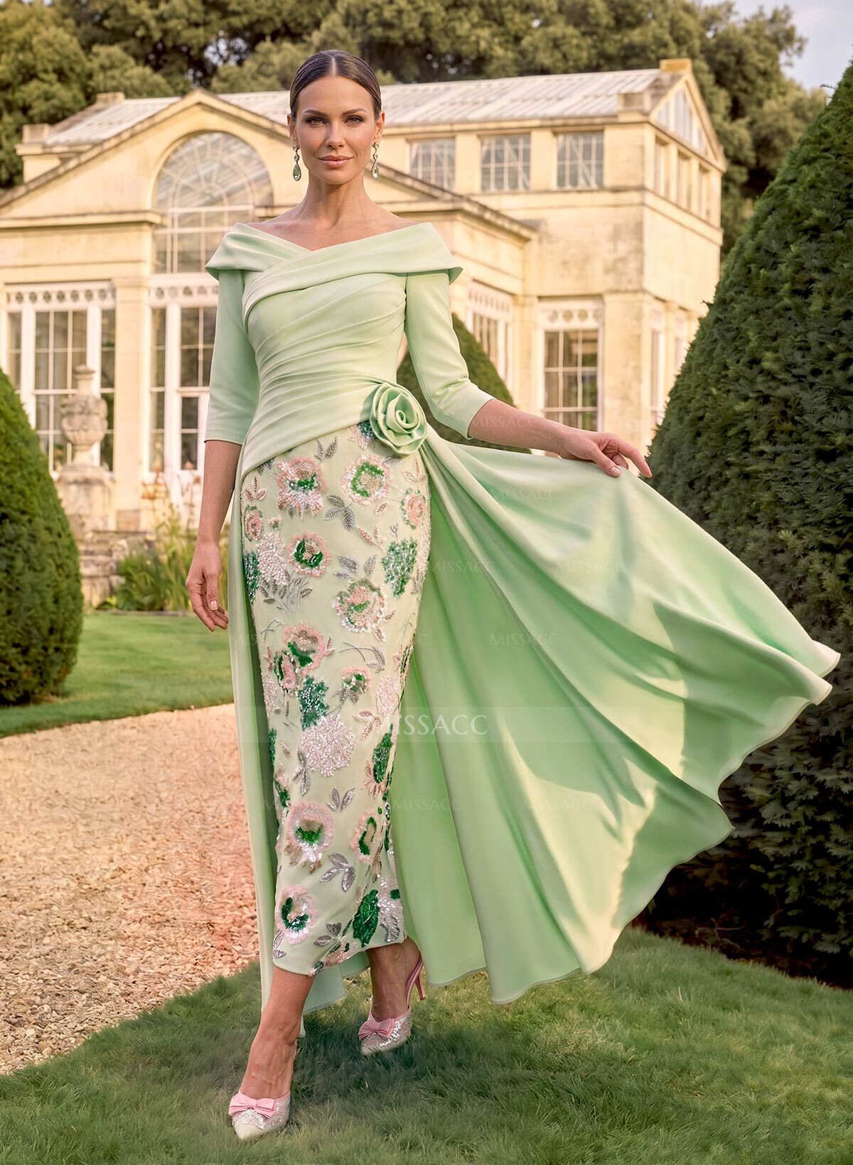 A-Line V-Neck 3/4 Sleeves Tea-Length Lace/Elastic Satin Mother Of The Bride Dresses With Appliques Lace/Flower(s)/Overskirt Dress