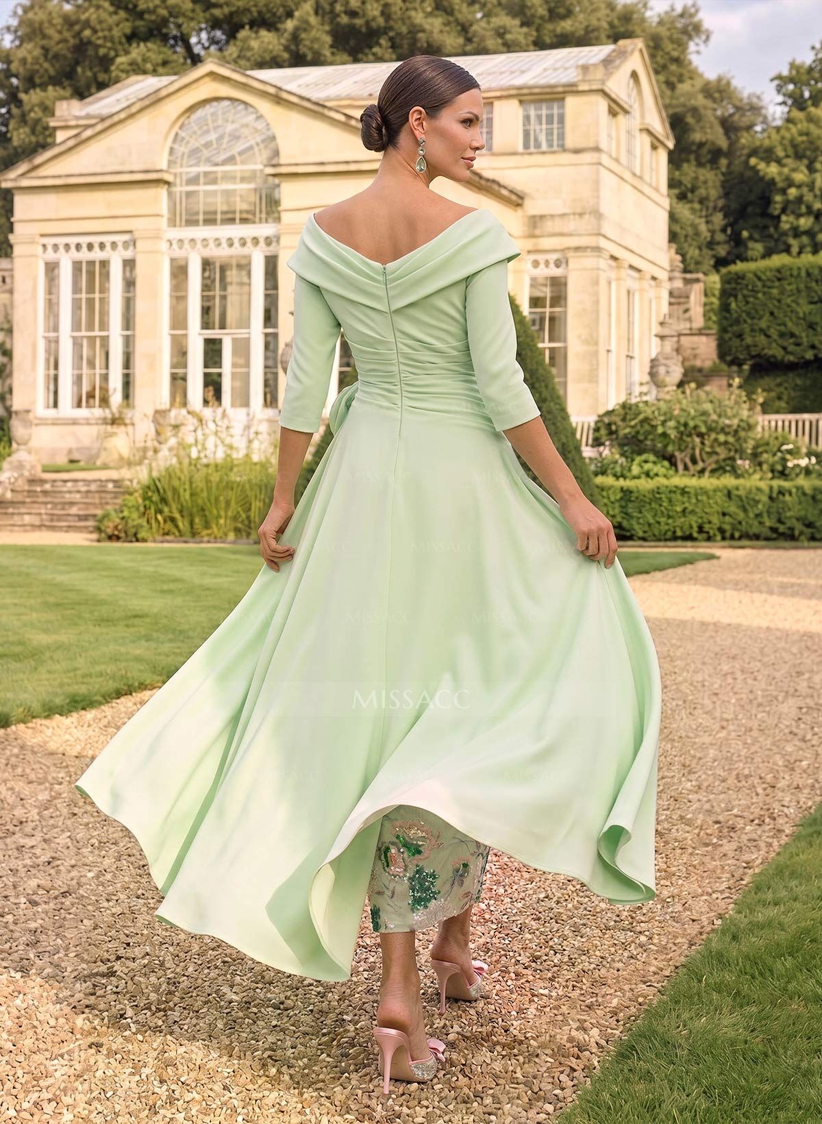 A-Line V-Neck 3/4 Sleeves Tea-Length Lace/Elastic Satin Mother Of The Bride Dresses With Appliques Lace/Flower(s)/Overskirt Dress