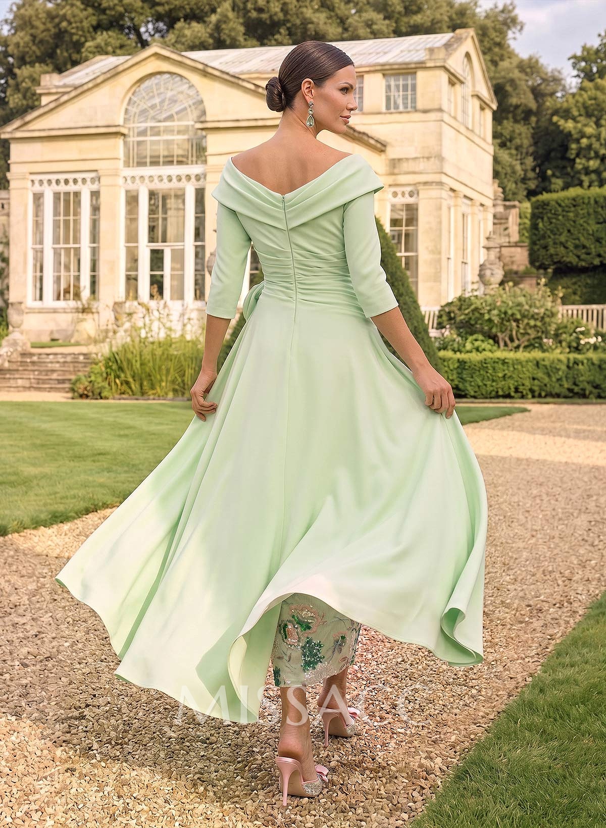 A-Line V-Neck 3/4 Sleeves Tea-Length Lace/Elastic Satin Mother Of The Bride Dresses With Appliques Lace/Flower(s)/Overskirt Dress