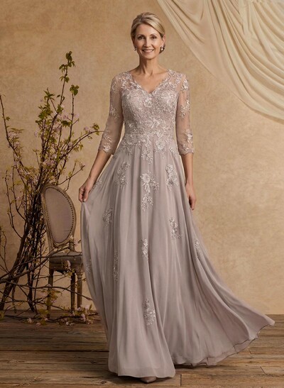 A-Line V-Neck 3/4 Sleeves Floor-Length Chiffon/Lace Mother Of The Bride Dresses With Lace