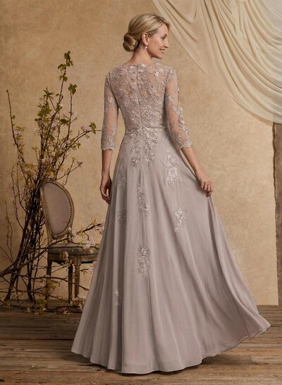 A-Line V-Neck 3/4 Sleeves Floor-Length Chiffon/Lace Mother Of The Bride Dresses With Lace
