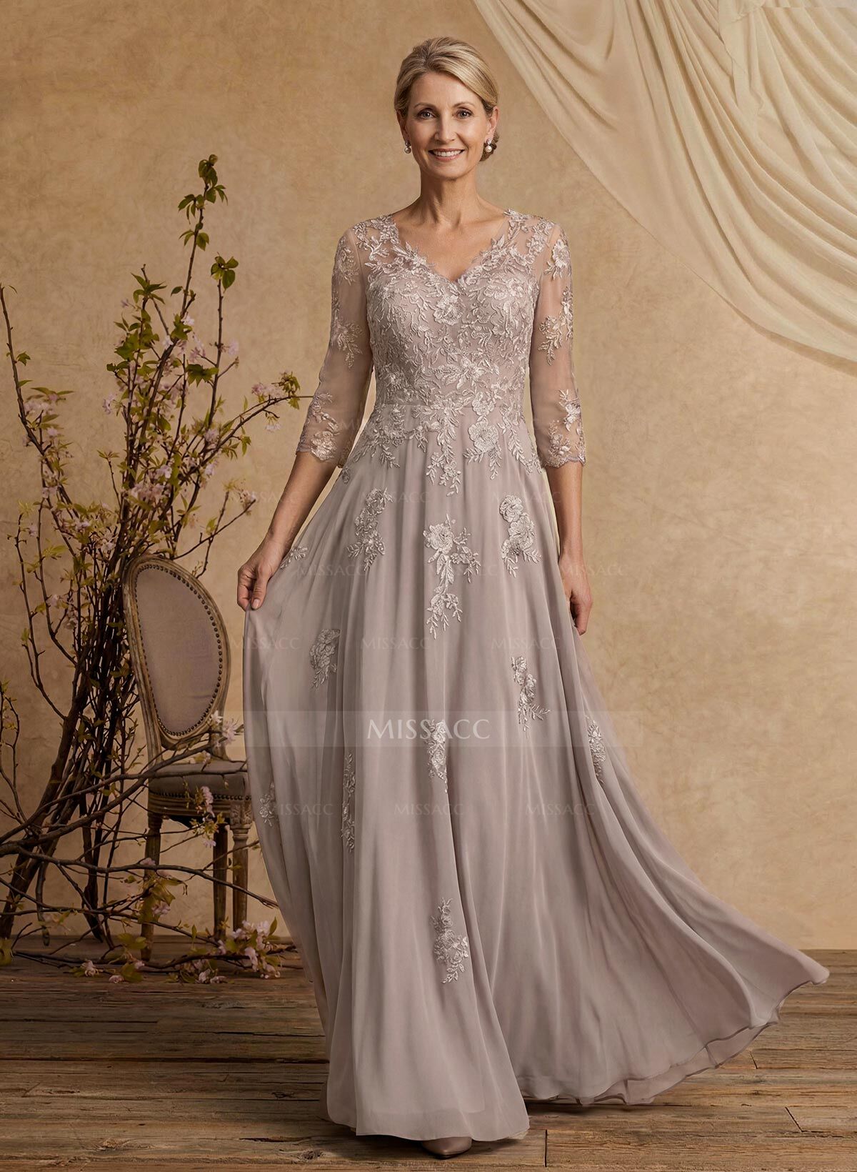 A-Line V-Neck 3/4 Sleeves Floor-Length Chiffon/Lace Mother Of The Bride Dresses With Lace