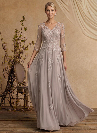 A-Line V-Neck 3/4 Sleeves Floor-Length Chiffon/Lace Mother Of The Bride Dresses With Lace