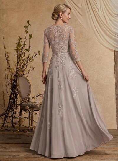 A-Line V-Neck 3/4 Sleeves Floor-Length Chiffon/Lace Mother Of The Bride Dresses With Lace
