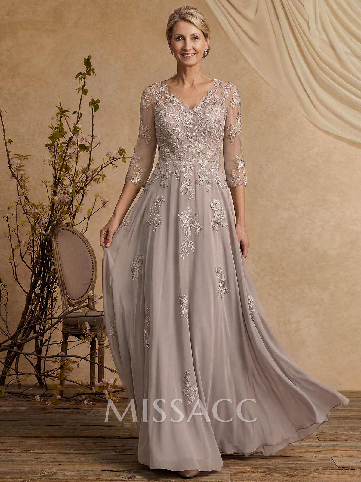 A-Line V-Neck 3/4 Sleeves Floor-Length Chiffon/Lace Mother Of The Bride Dresses With Lace A-Line V-Neck 3/4 Sleeves Floor-Length Chiffon/Lace Mother Of The Bride Dresses With Lace