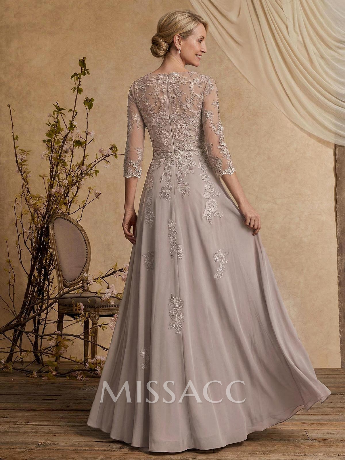 A-Line V-Neck 3/4 Sleeves Floor-Length Chiffon/Lace Mother Of The Bride Dresses With Lace A-Line V-Neck 3/4 Sleeves Floor-Length Chiffon/Lace Mother Of The Bride Dresses With Lace