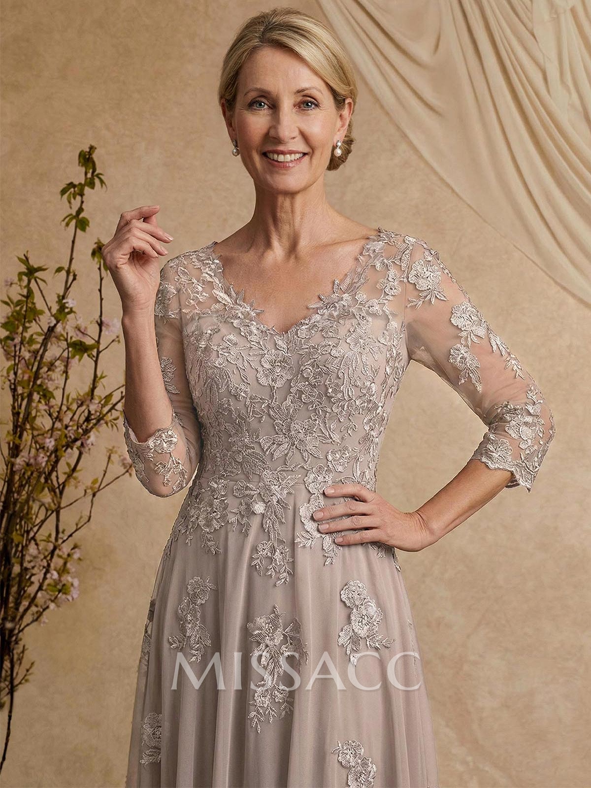 A-Line V-Neck 3/4 Sleeves Floor-Length Chiffon/Lace Mother Of The Bride Dresses With Lace A-Line V-Neck 3/4 Sleeves Floor-Length Chiffon/Lace Mother Of The Bride Dresses With Lace