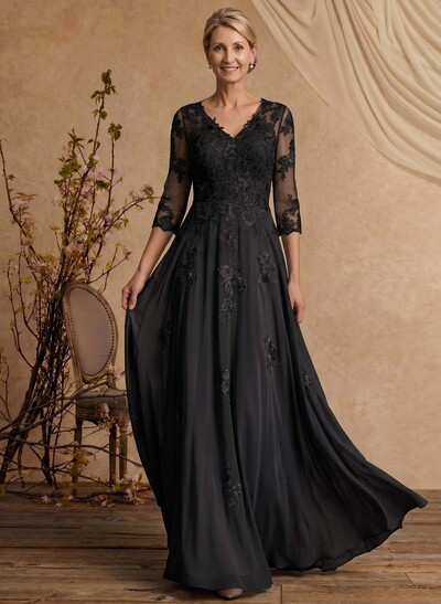 A-Line V-Neck 3/4 Sleeves Floor-Length Composite Wire Chiffon/Lace Mother Of The Bride Dresses With Lace