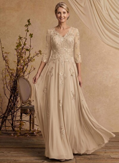 A-Line V-Neck 3/4 Sleeves Floor-Length Composite Wire Chiffon/Lace Mother Of The Bride Dresses With Lace