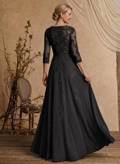 A-Line V-Neck 3/4 Sleeves Floor-Length Composite Wire Chiffon/Lace Mother Of The Bride Dresses With Lace