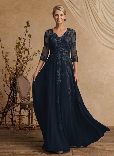 A-Line V-Neck 3/4 Sleeves Floor-Length Composite Wire Chiffon/Lace Mother Of The Bride Dresses With Lace