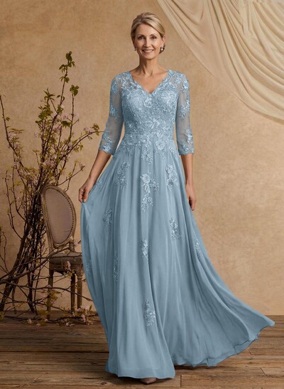 A-Line V-Neck 3/4 Sleeves Floor-Length Composite Wire Chiffon/Lace Mother Of The Bride Dresses With Lace
