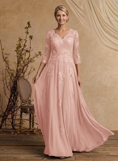 A-Line V-Neck 3/4 Sleeves Floor-Length Composite Wire Chiffon/Lace Mother Of The Bride Dresses With Lace