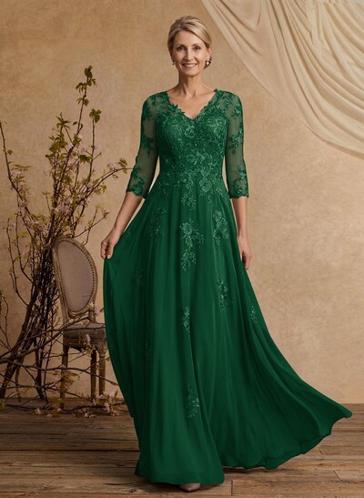 A-Line V-Neck 3/4 Sleeves Floor-Length Composite Wire Chiffon/Lace Mother Of The Bride Dresses With Lace