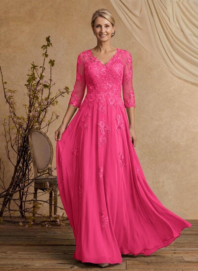 A-Line V-Neck 3/4 Sleeves Floor-Length Composite Wire Chiffon/Lace Mother Of The Bride Dresses With Lace