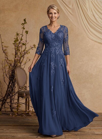 A-Line V-Neck 3/4 Sleeves Floor-Length Composite Wire Chiffon/Lace Mother Of The Bride Dresses With Lace
