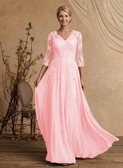A-Line V-Neck 3/4 Sleeves Floor-Length Composite Wire Chiffon/Lace Mother Of The Bride Dresses With Lace