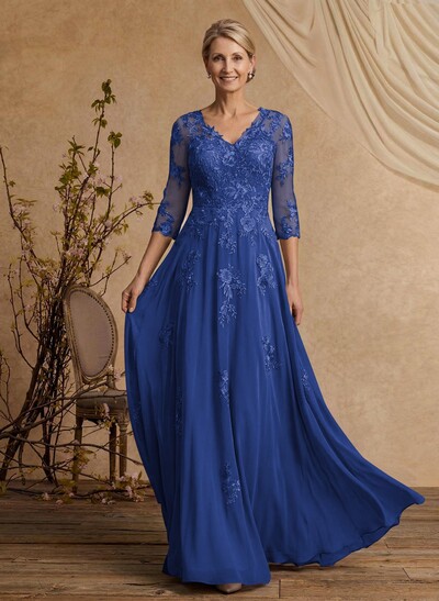 A-Line V-Neck 3/4 Sleeves Floor-Length Composite Wire Chiffon/Lace Mother Of The Bride Dresses With Lace