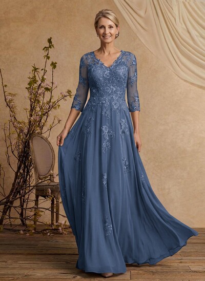 A-Line V-Neck 3/4 Sleeves Floor-Length Composite Wire Chiffon/Lace Mother Of The Bride Dresses With Lace