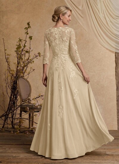 A-Line V-Neck 3/4 Sleeves Floor-Length Composite Wire Chiffon/Lace Mother Of The Bride Dresses With Lace