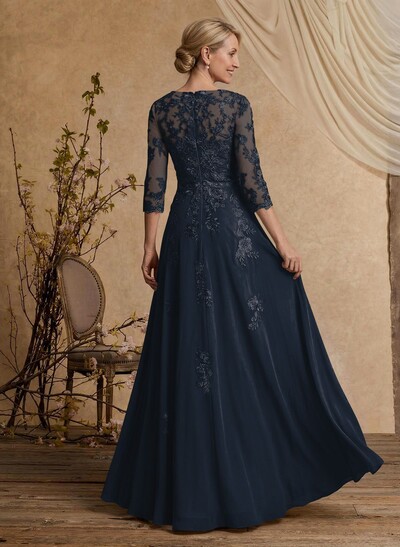 A-Line V-Neck 3/4 Sleeves Floor-Length Composite Wire Chiffon/Lace Mother Of The Bride Dresses With Lace