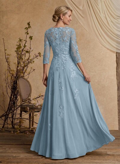 A-Line V-Neck 3/4 Sleeves Floor-Length Composite Wire Chiffon/Lace Mother Of The Bride Dresses With Lace