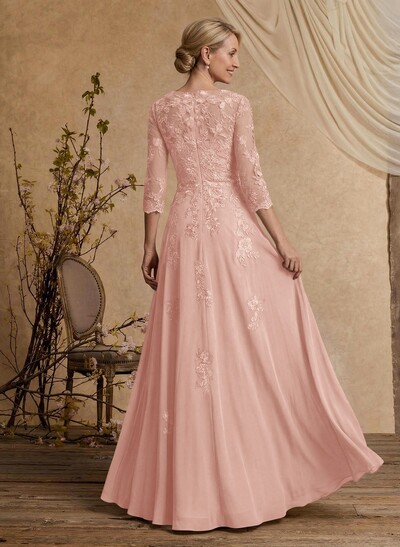 A-Line V-Neck 3/4 Sleeves Floor-Length Composite Wire Chiffon/Lace Mother Of The Bride Dresses With Lace