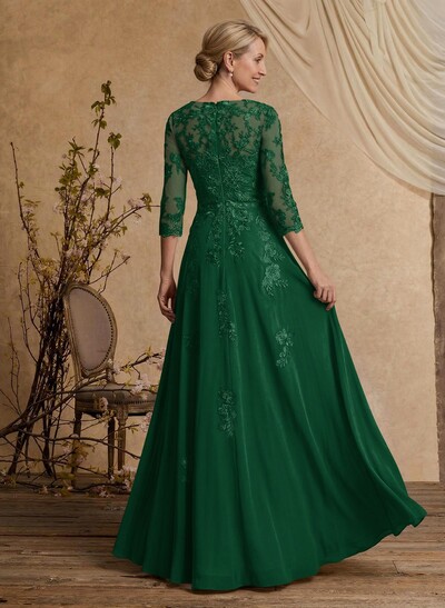 A-Line V-Neck 3/4 Sleeves Floor-Length Composite Wire Chiffon/Lace Mother Of The Bride Dresses With Lace